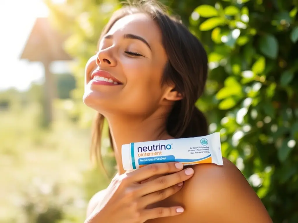 A close-up shot of a person applying Neutrino Ointment to their sore shoulder, with a serene, natural background suggesting relief and comfort.