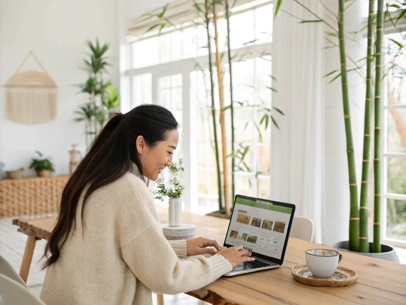 A person is typing on a laptop, with a cup of herbal tea beside them, in a bright, nature-filled setting, representing the opportunity to contribute blog content and share expertise with the community.