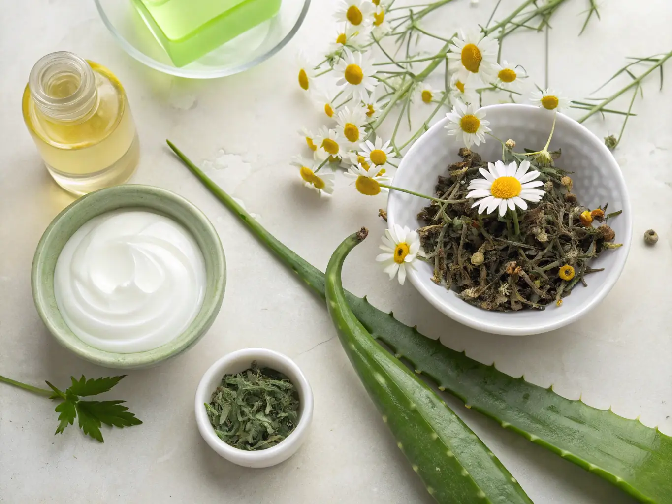 An image showcasing the natural ingredients of Neutrino Ointment, such as green tea extract and other plant-based components, arranged artfully on a wooden surface.