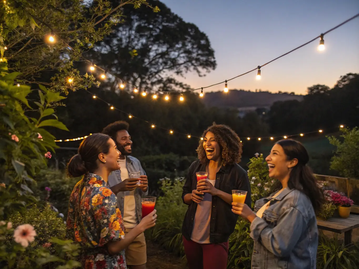 A diverse group of people are gathered around a table, laughing and engaged in a lively discussion, with Neutrino Products visible in the background, symbolizing community engagement and shared experiences.